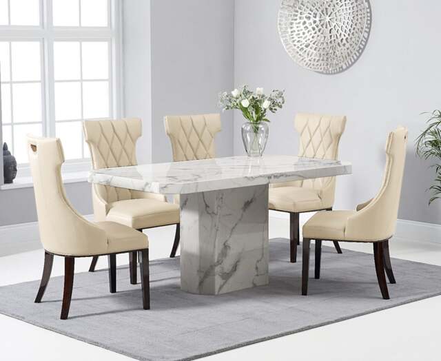 Belle 160cm White Marble Dining Table with 4 Cream Sophia Chairs