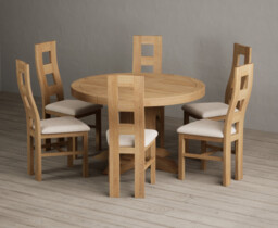 Extending Helmsley Solid Oak Pedestal Dining Table with 6 Linen Natural Chairs