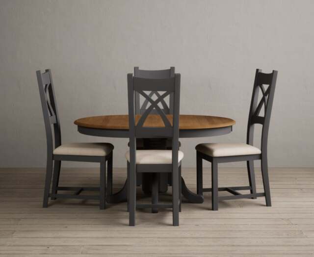 Extending Hertford 100cm - 130cm Oak and Charcoal Grey Painted Pedestal Dining Table with 4 Linen Painted Chairs