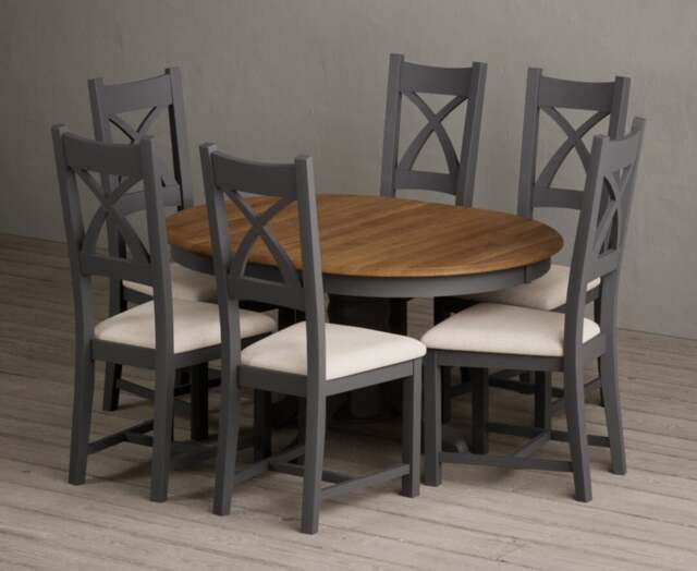 Extending Hertford 100cm - 130cm Oak and Charcoal Grey Painted Pedestal Dining Table with 4 Linen Painted Chairs