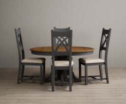 Extending Hertford 100cm - 130cm Oak and Charcoal Grey Painted Pedestal Dining Table with 4 Linen Painted Chairs