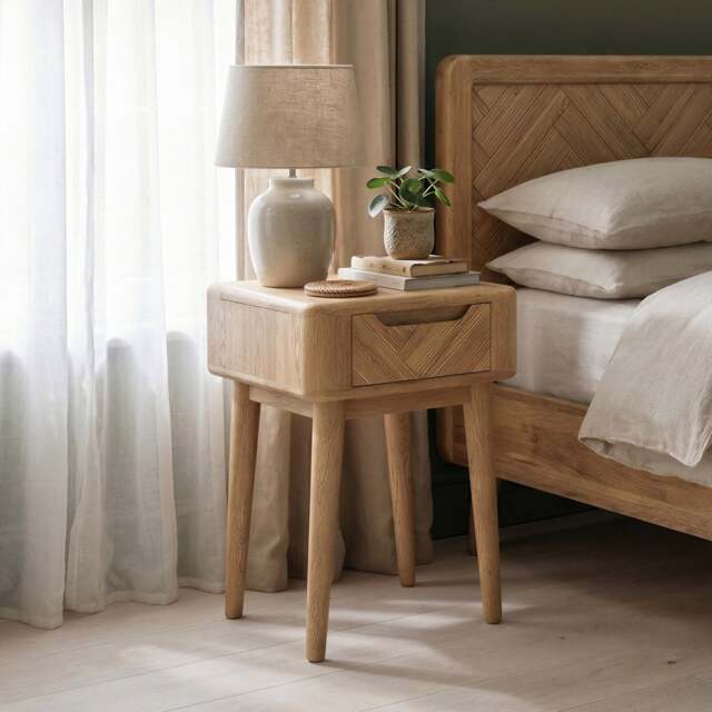 Solid Oak Bedside Lamp Table - Herringbone Detail