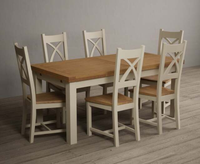 Extending Buxton 180cm Oak and Cream Painted Dining Table with 10 Linen Painted Chairs