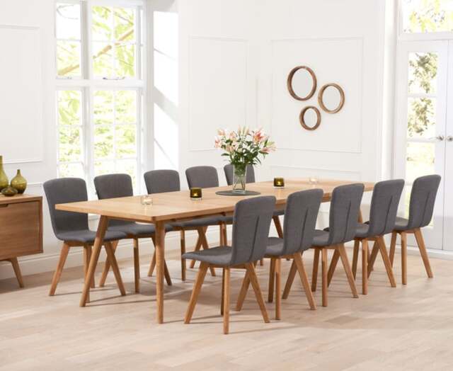 Extending Ruben 200cm Retro Oak Dining Table and Chairs with 10 Grey Ruben Chairs