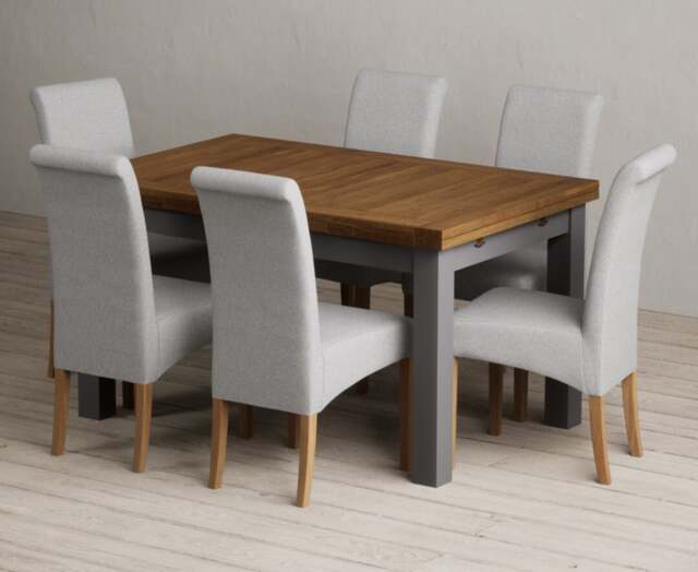 Extending Buxton 140cm Oak and Charcoal Grey Dining Table with 6 Grey Scroll Back Chairs