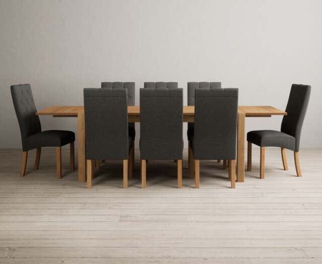 Thetford 180cm Oak Dining Table with 10 Grey Maya Chairs with Thetford 45cm Oak Extensions