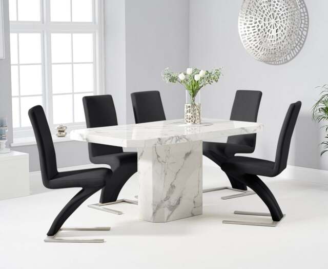 Belle 160cm White Marble Dining Table with 6 Black Aldo Chairs
