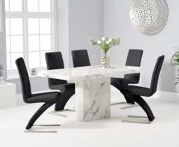 Belle 160cm White Marble Dining Table with 6 Black Aldo Chairs