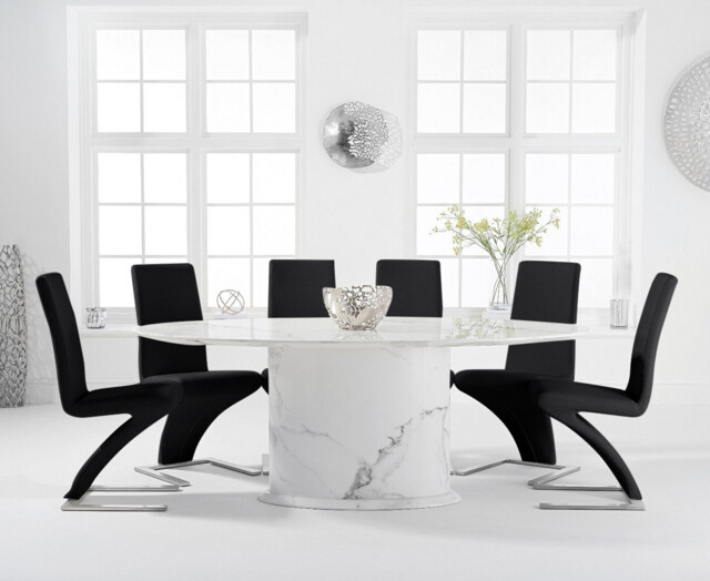 Colby 200cm Oval White Marble Dining Table with 6 Black Aldo Chairs