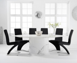 Colby 200cm Oval White Marble Dining Table with 6 Black Aldo Chairs