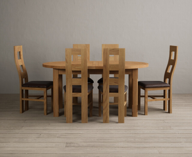 Extending Caversham Oak Oval Dining Table with 6 Brown Natural Chairs
