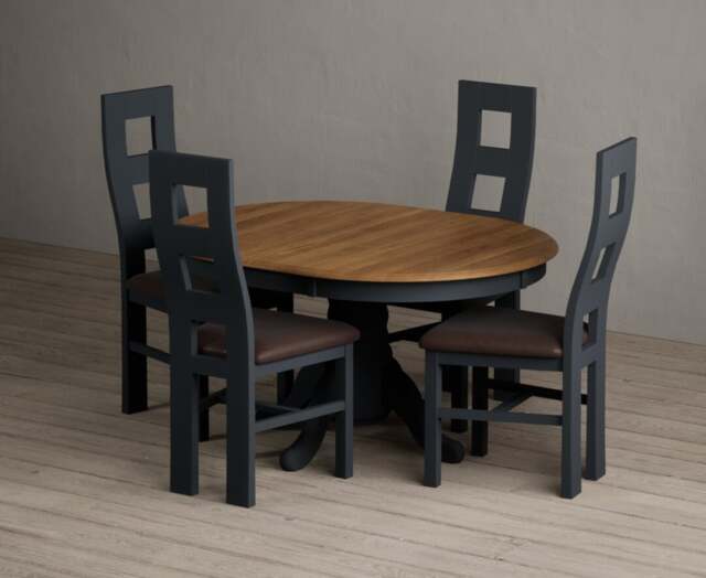 Extending Hertford 100cm - 130cm Oak and Dark Blue Painted Pedestal Dining Table with 4 Brown Painted Chairs