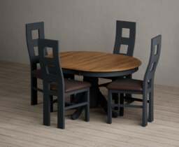 Extending Hertford 100cm - 130cm Oak and Dark Blue Painted Pedestal Dining Table with 4 Brown Painted Chairs
