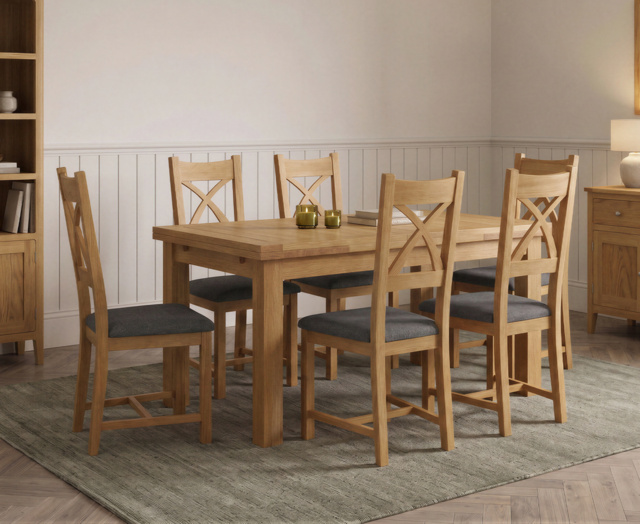 Extending Buxton 140cm Solid Oak Dining Table with 6 Charcoal Grey Natural Solid Oak Chairs