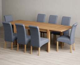 Extending Thetford 150cm Solid Oak Dining Table with 8 Blue Scroll Back Chairs