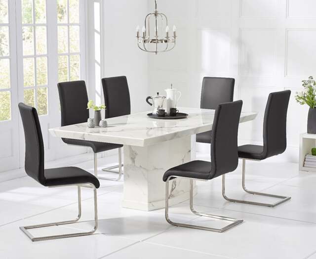 Carvelle 200cm White Pedestal Marble Dining Table with 12 Black Austin Chairs