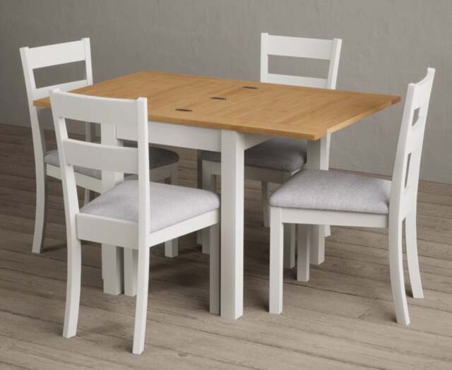 Extending Hadleigh Oak and Signal White Painted Dining Table with 2 Light Grey Kendal Chairs
