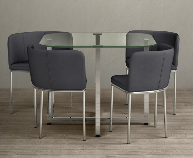 Rhodes Clear Glass Dining Table with 4 Grey Rhodes Chairs