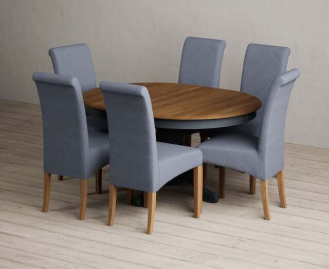 Extending Hertford 100cm - 130cm Oak and Dark Blue Painted Pedestal Dining Table with 4 Blue Scroll Back Chairs