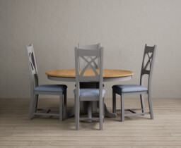Extending Hertford 100cm - 130cm Oak and Light Grey Painted Pedestal Dining Table with 4 Blue Painted Chairs