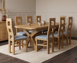 Extending Olympia 180cm Solid Oak Dining Table with 8 Blue Natural Chairs