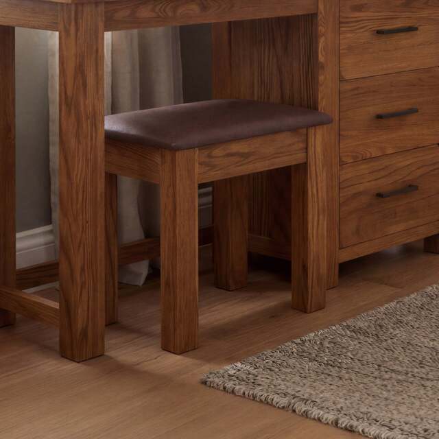 Rustic Solid Oak & Leather Dressing Table Stool - Fully Assembled