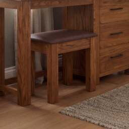 Rustic Solid Oak & Leather Dressing Table Stool - Fully Assembled