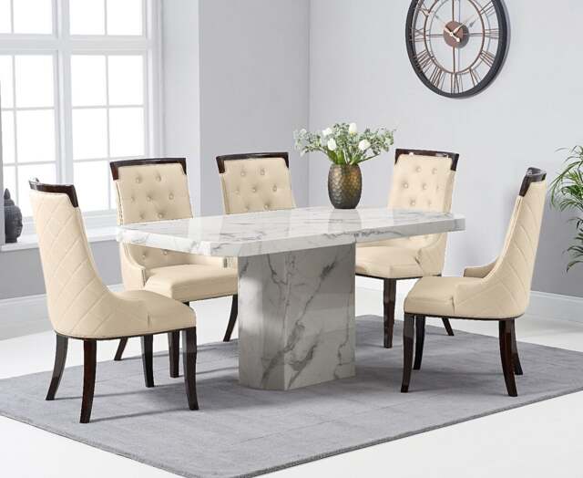 Belle 160cm White Marble Dining Table with 4 Cream Francesca Chairs