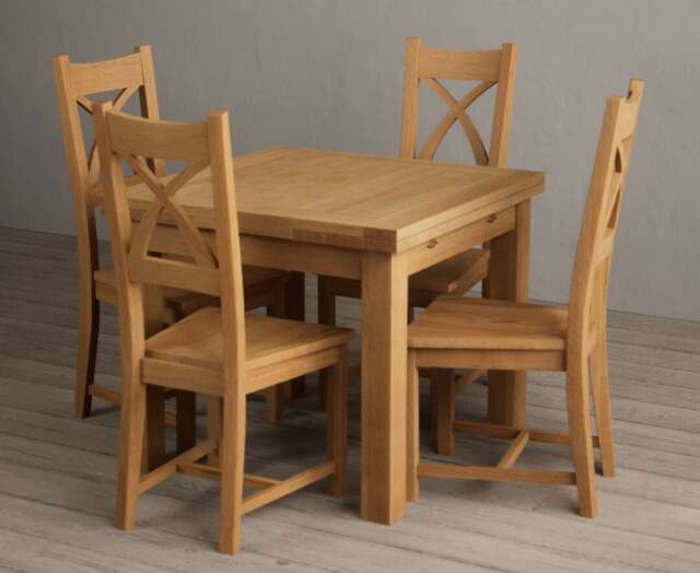 Extending Buxton 90cm Solid Oak Dining Table with 6 Light Grey Natural Solid Oak Chairs