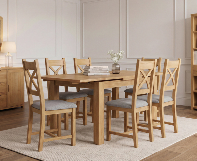 Extending Buxton 90cm Solid Oak Dining Table with 6 Light Grey Natural Solid Oak Chairs