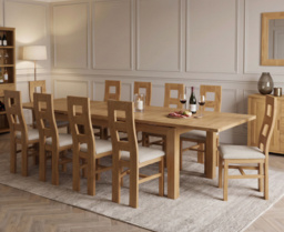 Extending Buxton 140cm Solid Oak Dining Table with 10 Linen Natural Chairs