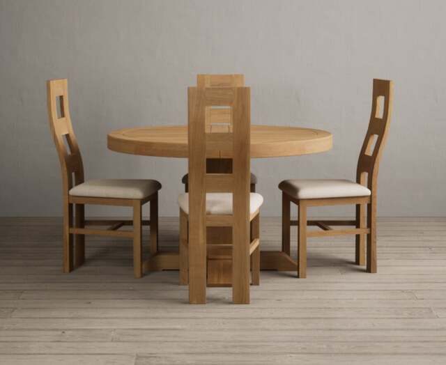 Extending Helmsley Solid Oak Pedestal Dining Table with 4 Linen Natural Chairs