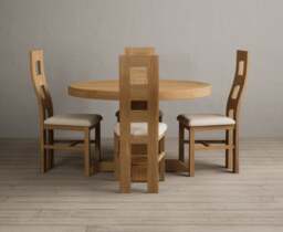 Extending Helmsley Solid Oak Pedestal Dining Table with 4 Linen Natural Chairs