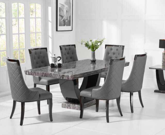 Novara 200cm Dark Grey Pedestal Marble Dining Table with 6 Grey Francesca Chairs