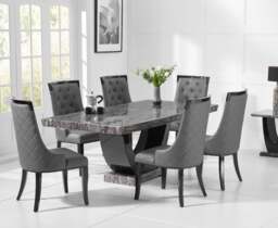Novara 200cm Dark Grey Pedestal Marble Dining Table with 6 Grey Francesca Chairs