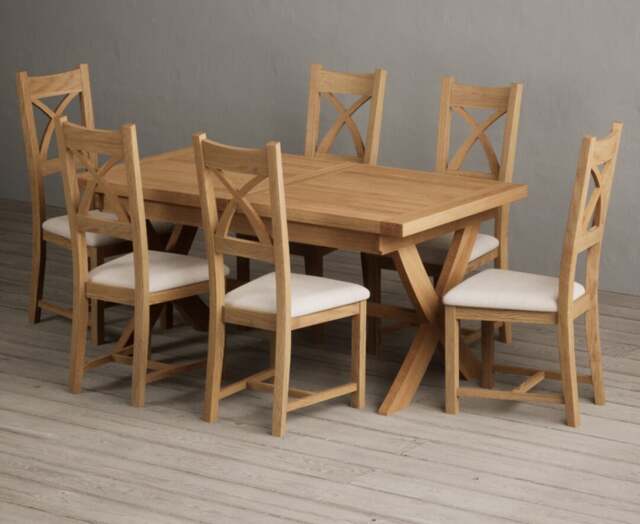 Extending Buckley 160cm Solid Oak Dining Table with 6 Linen Natural Solid Oak Chairs