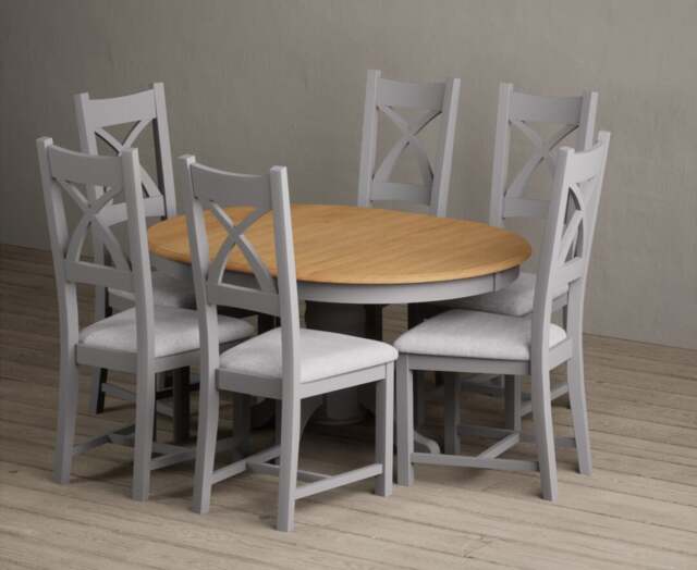 Extending Hertford 100cm - 130cm Oak and Light Grey Painted Pedestal Dining Table with 4 Light Grey Painted Chairs