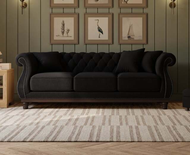 Harrow Chesterfield Black Linen Fabric 3 Seater Sofa