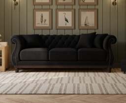 Harrow Chesterfield Black Linen Fabric 3 Seater Sofa