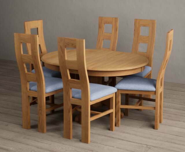 Extending Hertford 100cm - 130cm Solid Oak Pedestal Dining Table with 6 Blue Natural Chairs