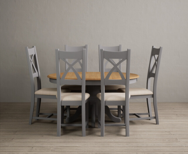 Extending Hertford 100cm - 130cm Oak and Light Grey Painted Pedestal Dining Table with 6 Linen Painted Chairs
