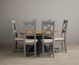 Extending Hertford 100cm - 130cm Oak and Light Grey Painted Pedestal Dining Table with 6 Linen Painted Chairs