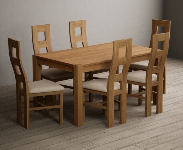 Thetford 150cm Solid Oak Dining Table with 6 Linen Natural Chairs