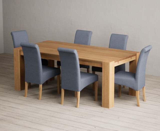 Sheringham 200cm Solid Oak Dining Table with 6 Blue Scroll Back Chairs