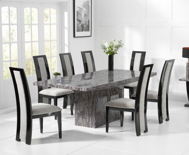 Crema 180cm Grey Marble Dining Table with 6 Black Novara Chairs