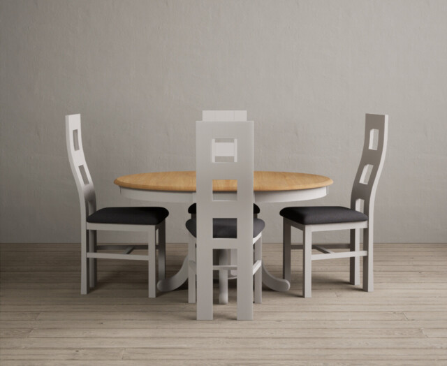 Extending Hertford 100cm - 130cm Oak and Soft White Painted Pedestal Dining Table with 4 Charcoal Grey Painted Chairs
