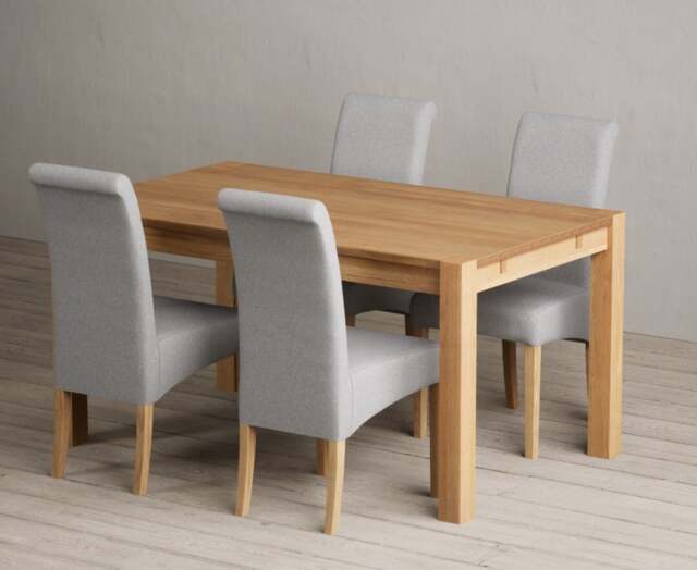 Thetford 150cm Solid Oak Dining Table with 4 Grey Scroll Back Chairs