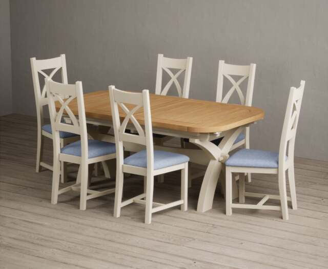 Extending Olympia 180cm Oak and Cream Painted Dining Table with 6 Linen Painted Chairs