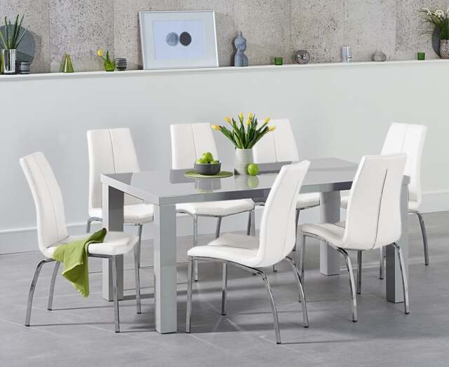 Seattle 160cm Light Grey Gloss Dining Table with 6 White Marco Chairs