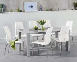 Seattle 160cm Light Grey Gloss Dining Table with 6 White Marco Chairs